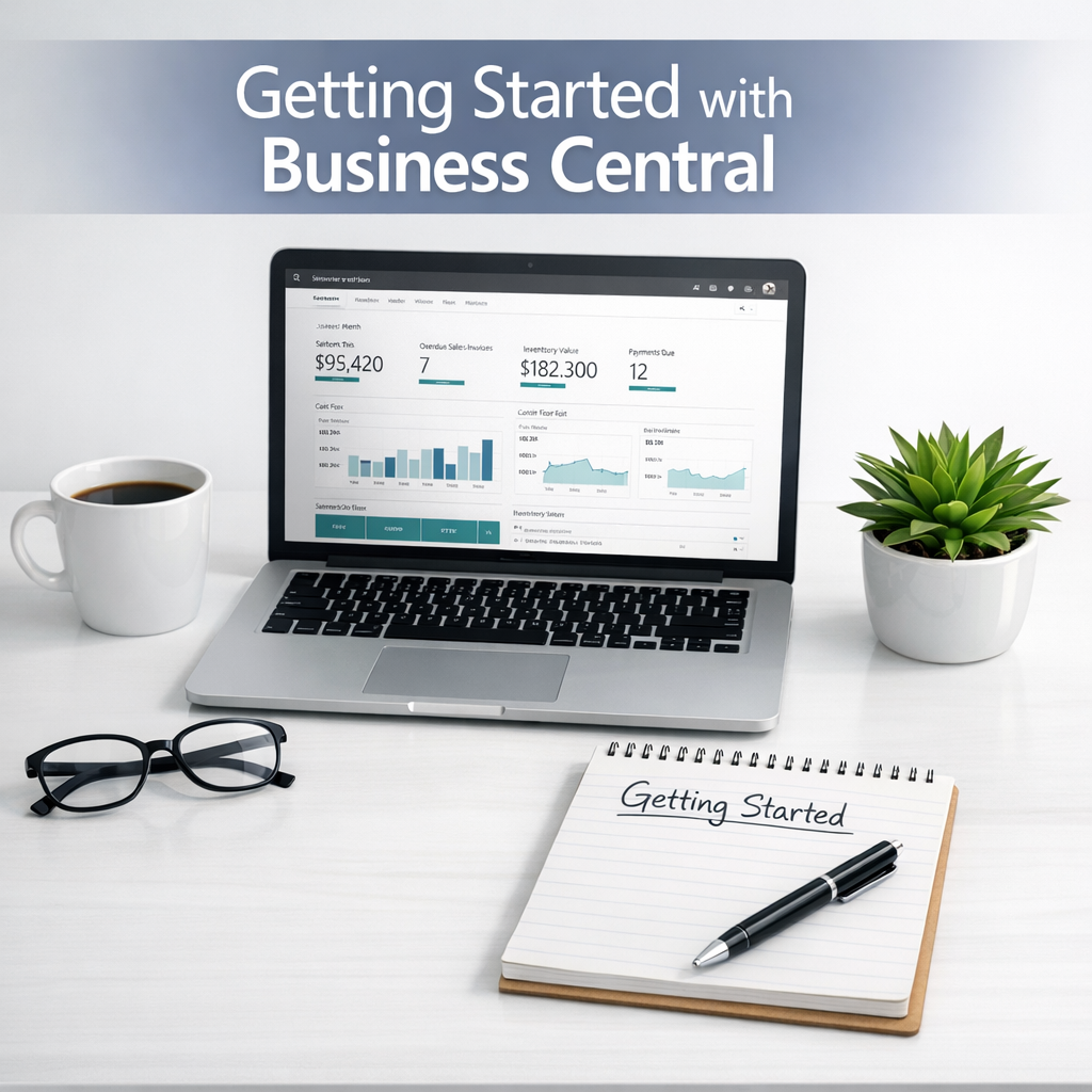 a modern, clean office desk scene for a small busi